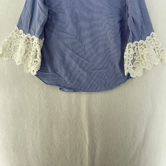 Zara Blouse Women's Sz XS Blue Striped Boat Neck Embroidered Bell 3/4 Sleeve - Picture 7 of 12